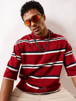 High Star Men Striped Round Neck Pure Cotton Oversized T-shirt