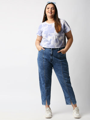 Women Plus Size Blue Mom-Fit High-Rise Heavy Fade Acid Wash Cropped Jeans