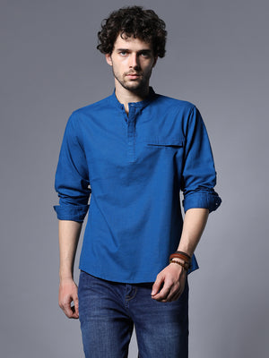 Classic Mandarin Collar Roll-Up Sleeves Pure Cotton Casual Shirt