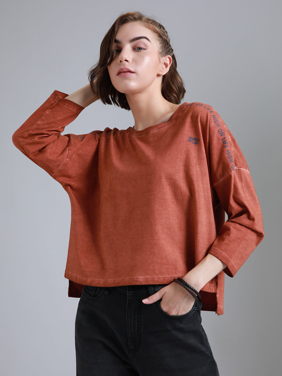 Typography Printed Round Neck Drop-Shoulder Sleeves Cotton Boxy T-shirt