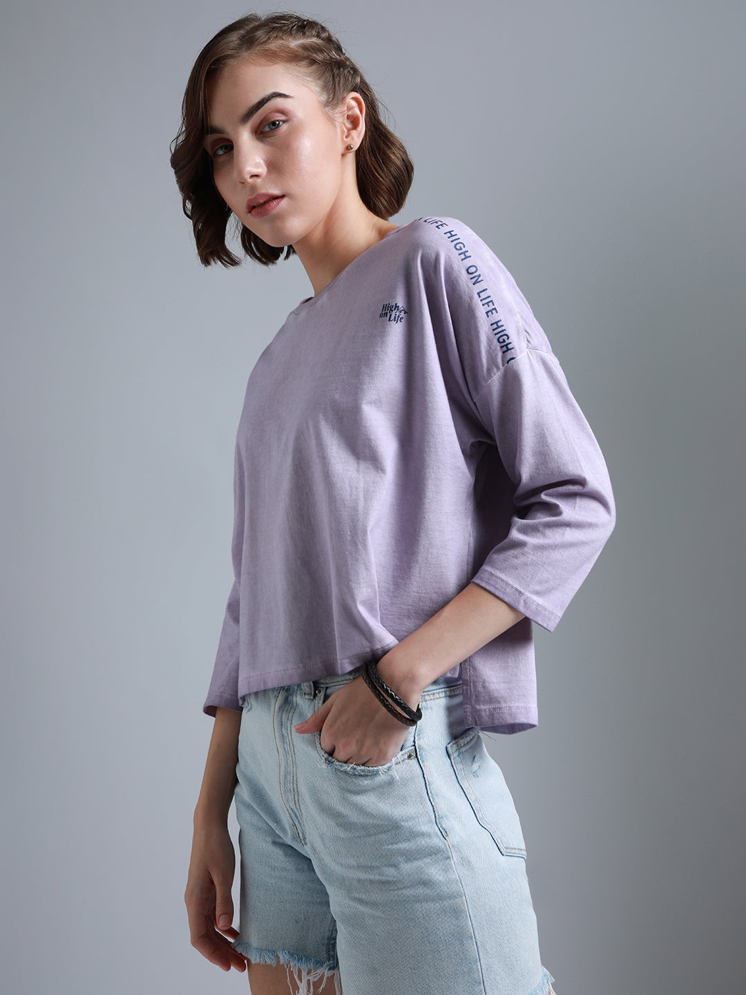 Typography Printed Round Neck Drop-Shoulder Sleeves Cotton Boxy T-shirt