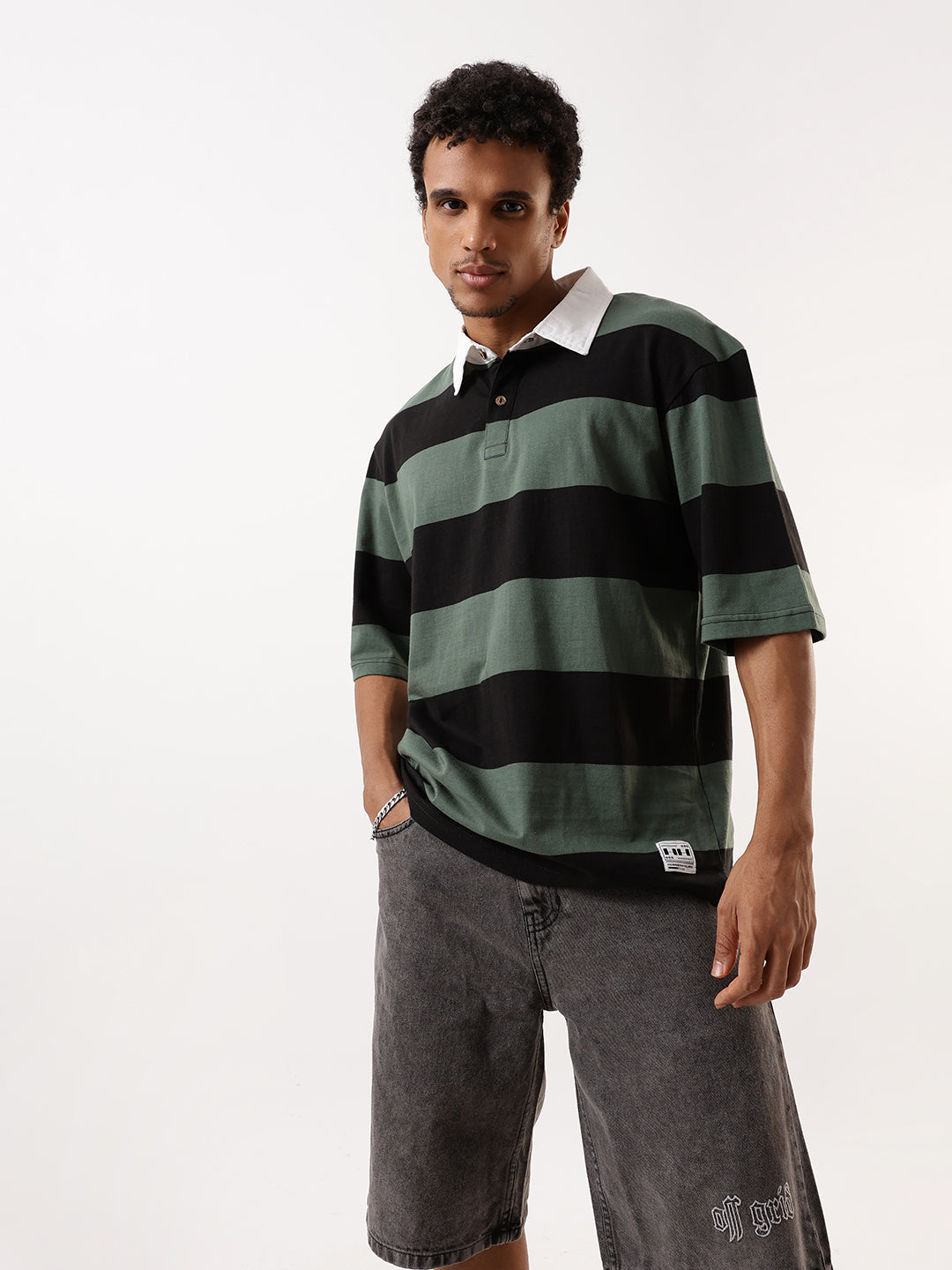Hubberholme Striped Polo Collar Pure Cotton Oversized T-shirt