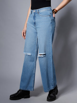 Women Blue Wide Leg High-Rise Slash Knee Jeans