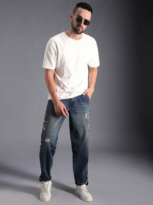Men Relaxed Fit Mildly Distressed Light Fade Applique Cotton Jeans