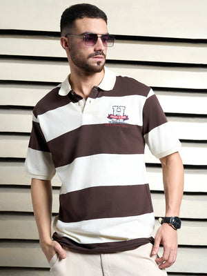Men Cotton Short Sleeves Polo neck Striped Regular Fit Tshirt