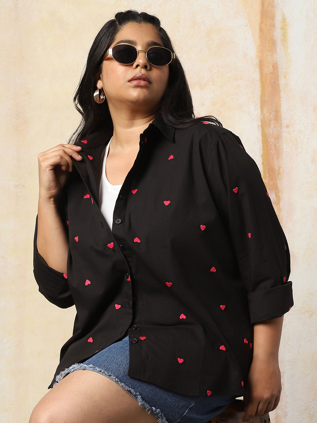 High Star Women Embroidered Oversized Spread Collar Regular Sleeves Shirts