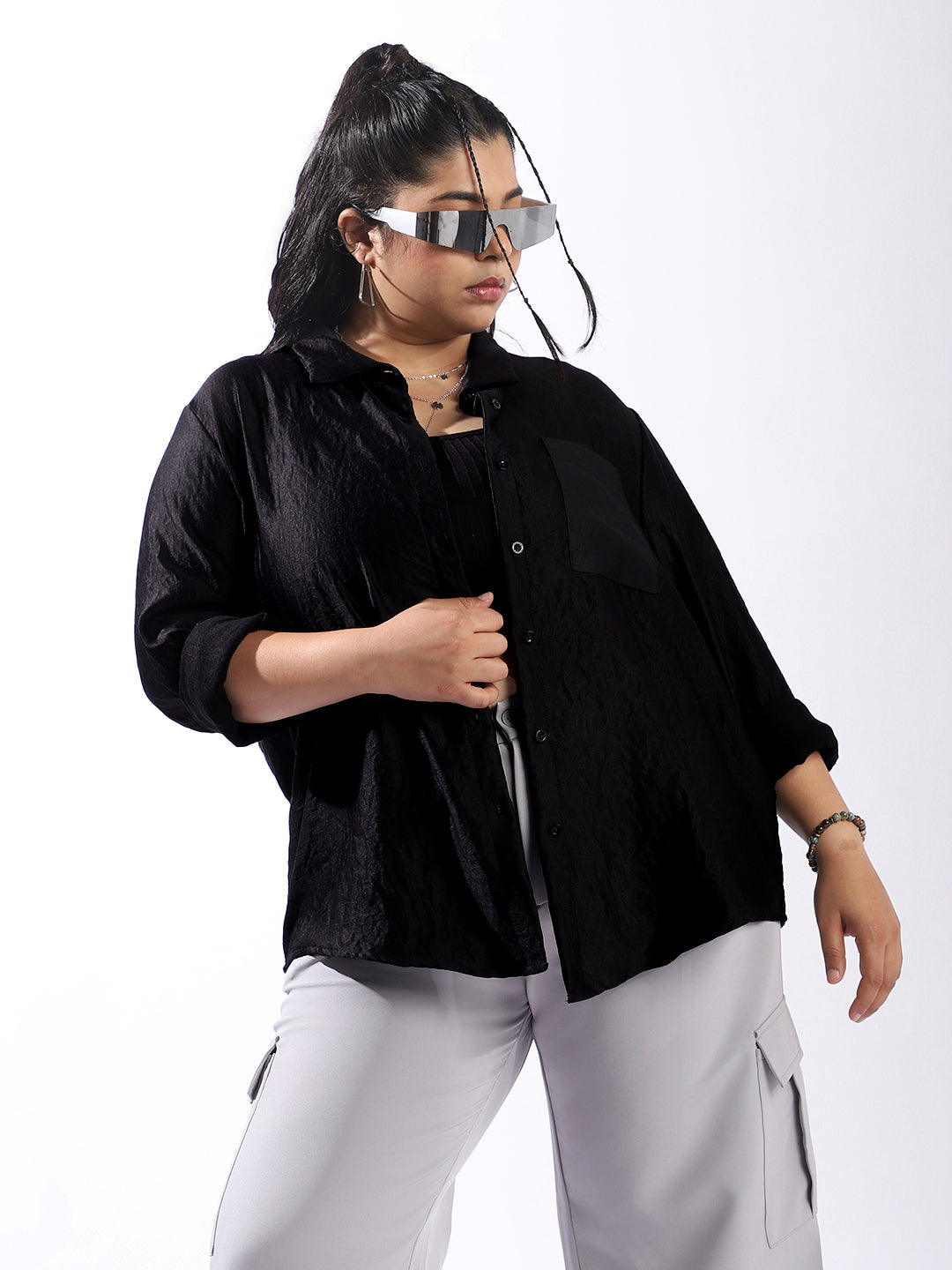 High Star Women Comfort Boxy Textured Satin Casual Shirt