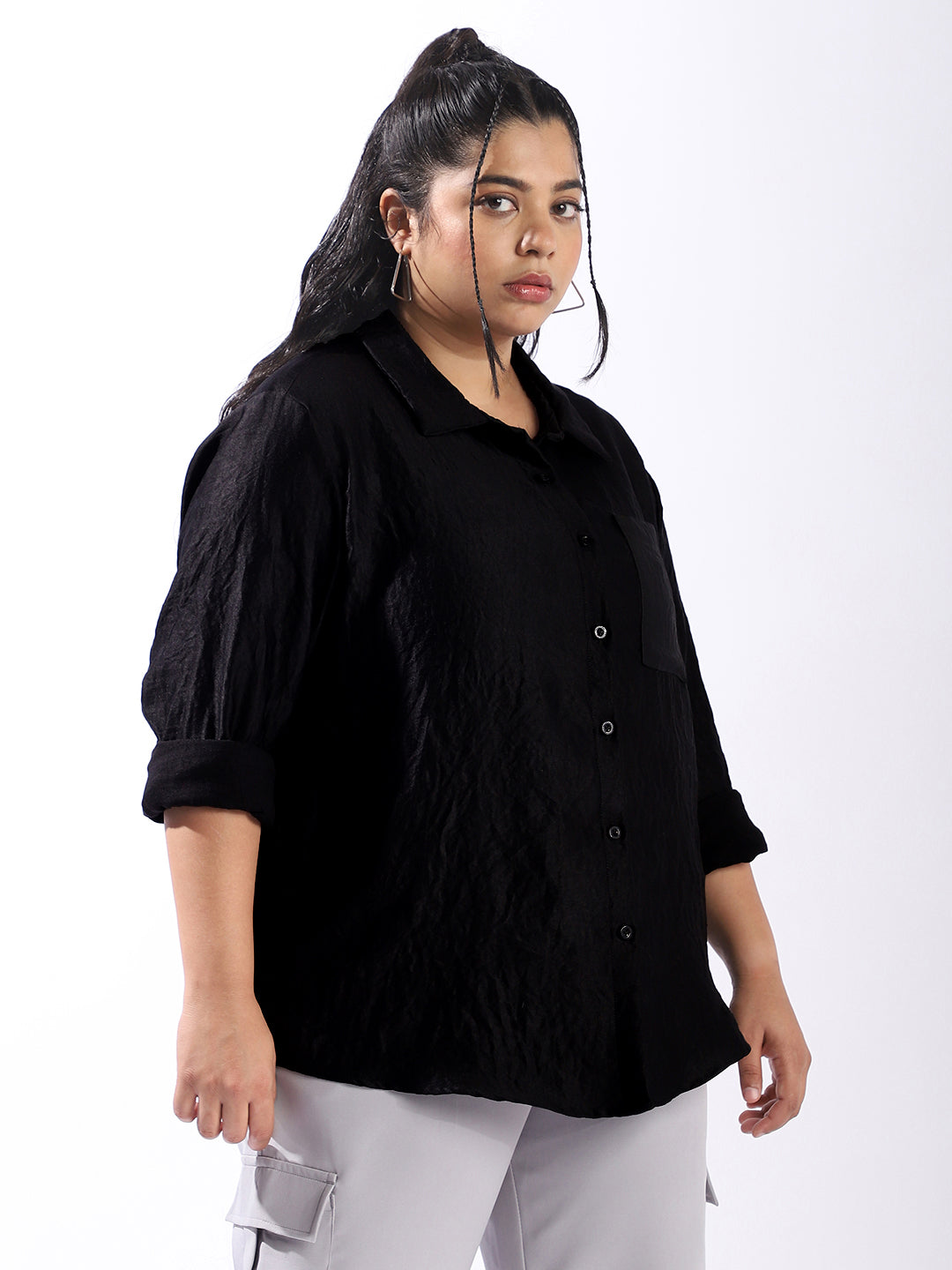 High Star Women Comfort Boxy Textured Satin Casual Shirt