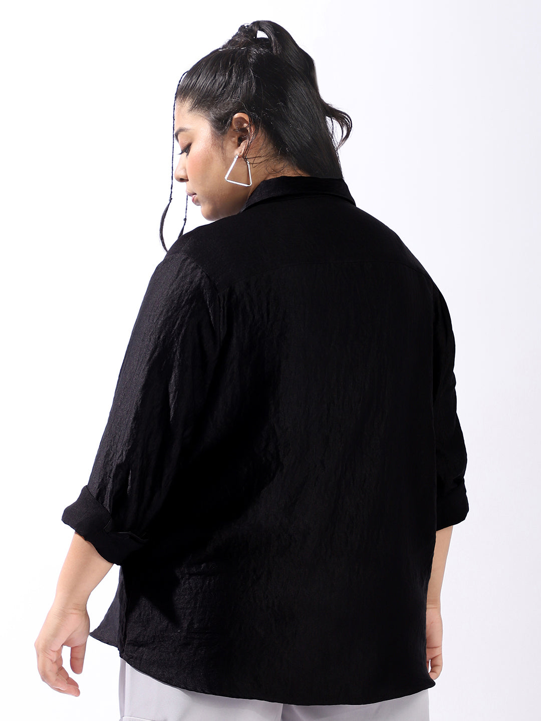 High Star Women Comfort Boxy Textured Satin Casual Shirt