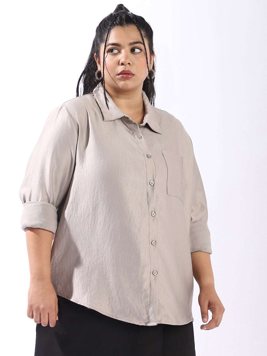 High Star Women Comfort Boxy Textured Satin Casual Shirt