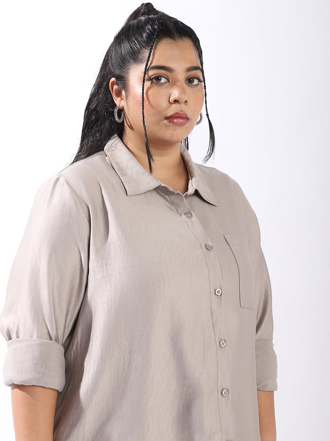 High Star Women Comfort Boxy Textured Satin Casual Shirt