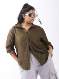 High Star Women Comfort Boxy Textured Satin Casual Shirt