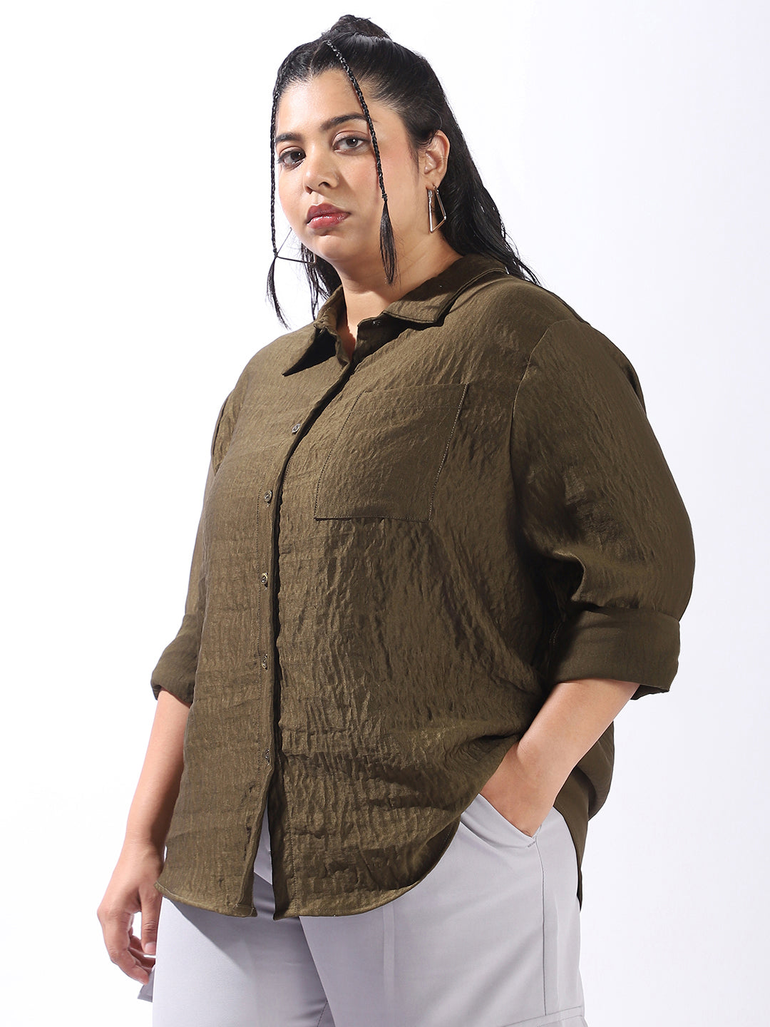 High Star Women Comfort Boxy Textured Satin Casual Shirt