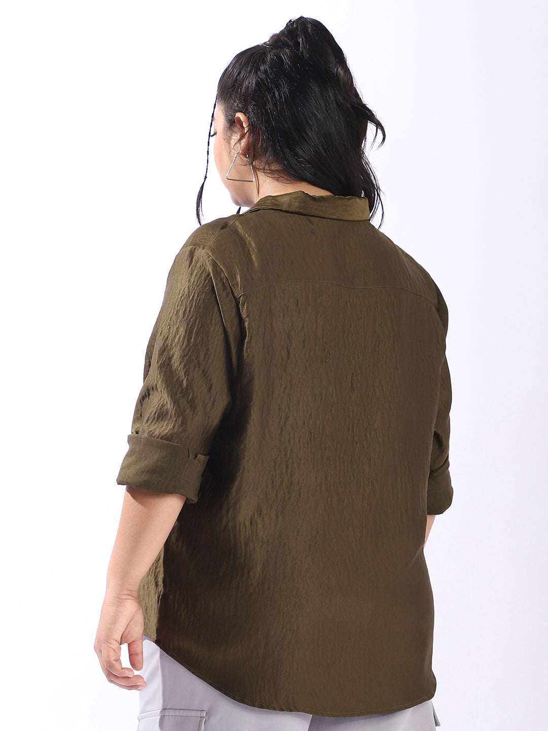 High Star Women Comfort Boxy Textured Satin Casual Shirt