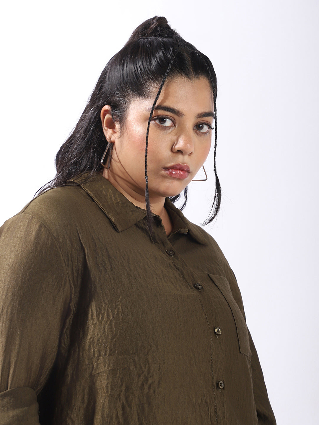 High Star Women Comfort Boxy Textured Satin Casual Shirt