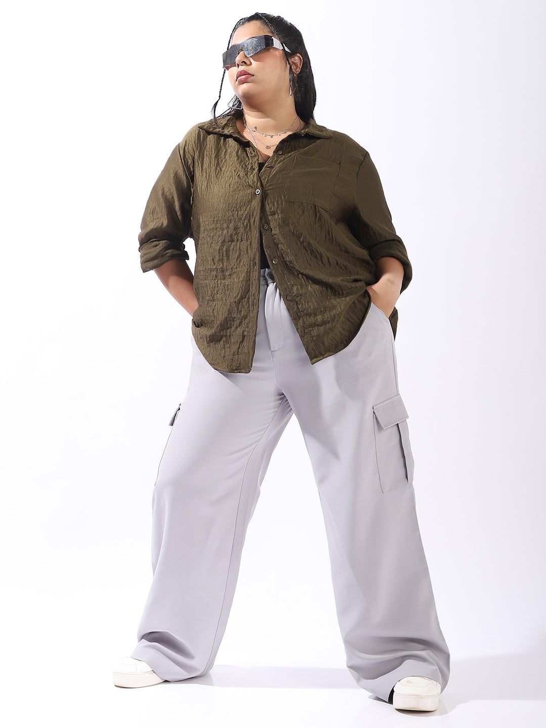 High Star Women Comfort Boxy Textured Satin Casual Shirt