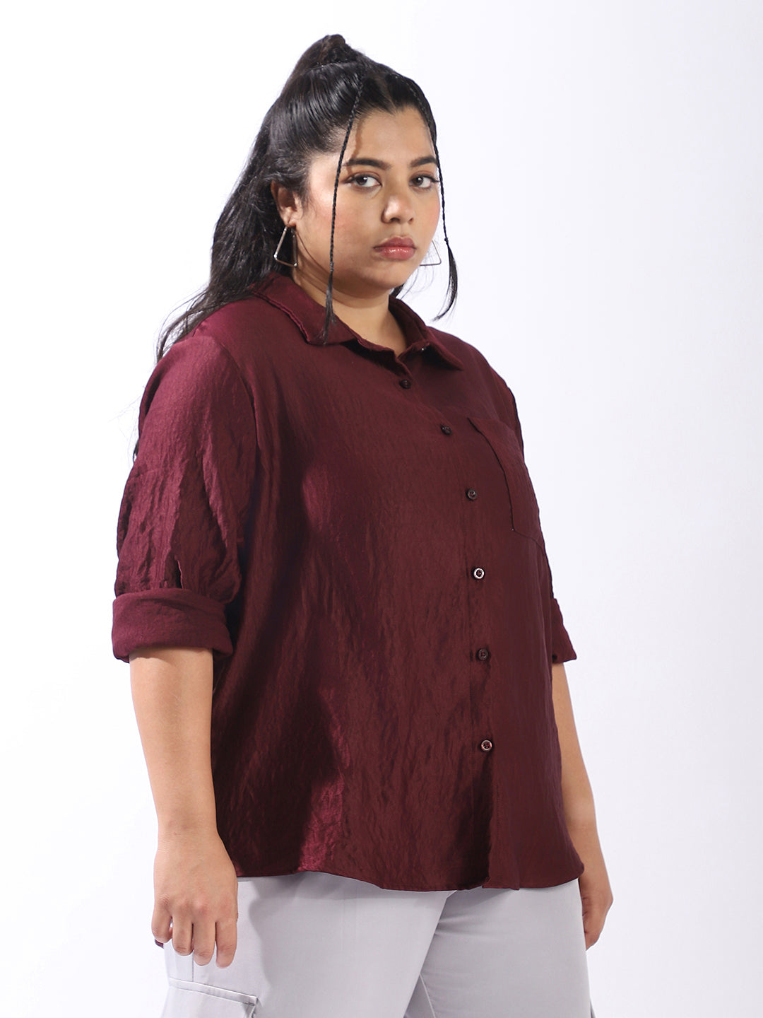 High Star Women Comfort Boxy Textured Satin Casual Shirt