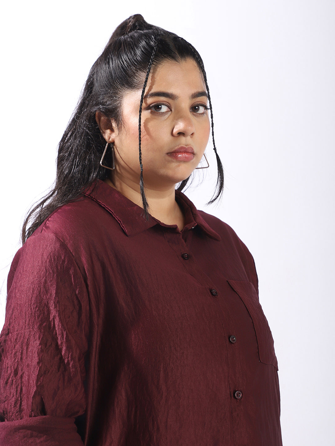 High Star Women Comfort Boxy Textured Satin Casual Shirt