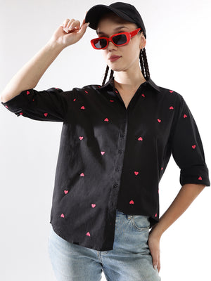 Hubberholme Women Embroidery Heart Shape Spread Collar Oversized Shirt