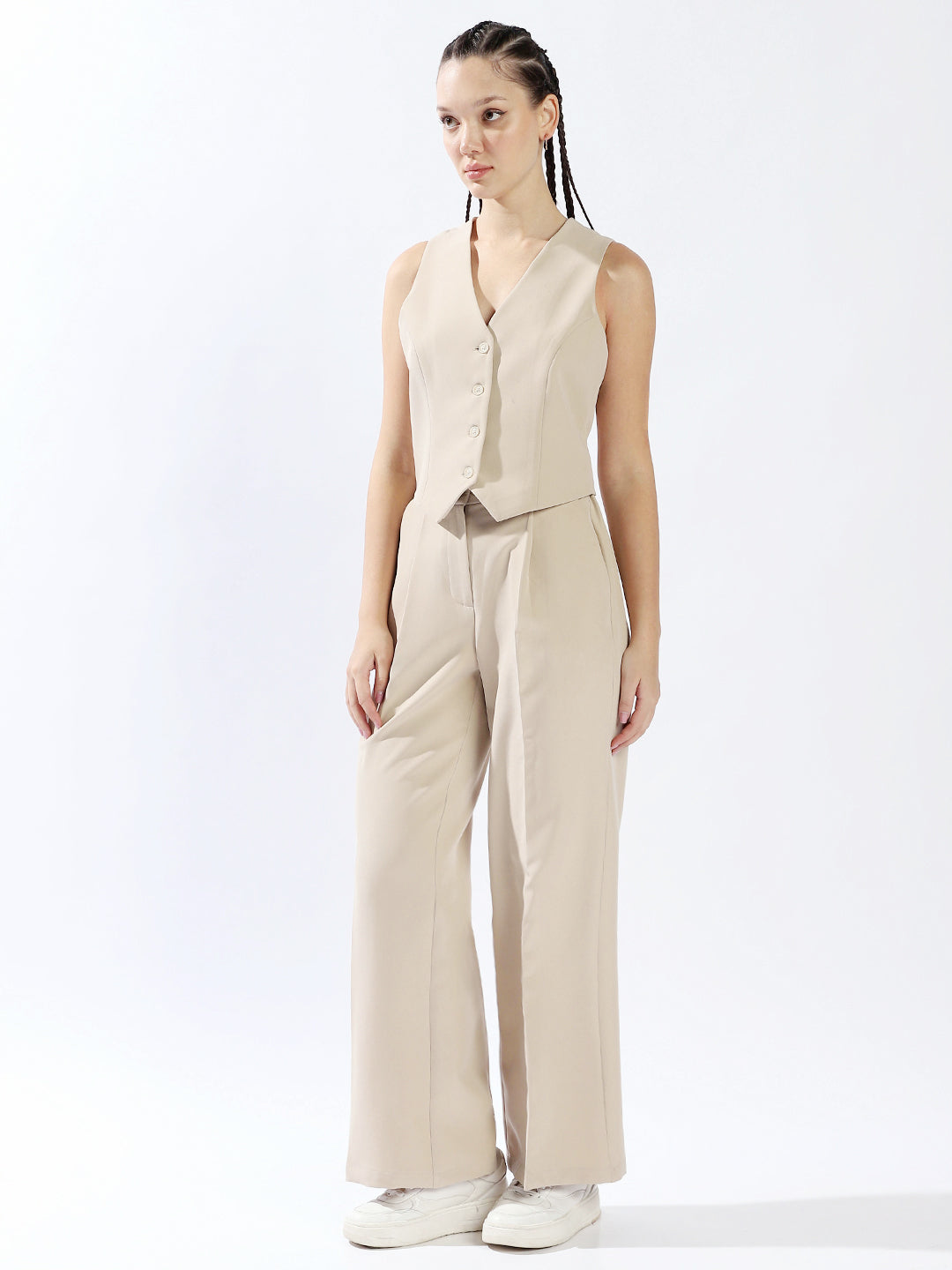High Star Women Solid Tailored Fit Wide leg High-Rise V-Neck Waist coat and Trouser Co-ords