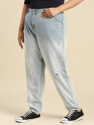 Women Plus Size Comfort Mom Fit Pure Cotton High-Rise Heavy Fade Jeans