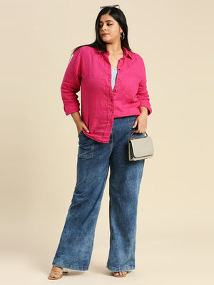 Women Plus Size Comfort Wide Leg High-Rise Heavy Fade Stretchable Jeans