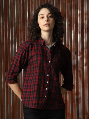 Women Check Cotton Oversized Fit Collar Long Sleeve Shirts