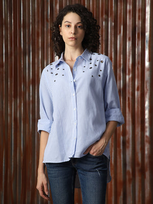 Women Solid Cotton Oversized Fit Collar Long Sleeve Shirts