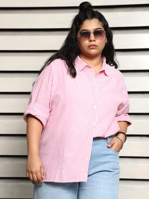 Plus Size Women oversized Textured Striped Casual Shirt