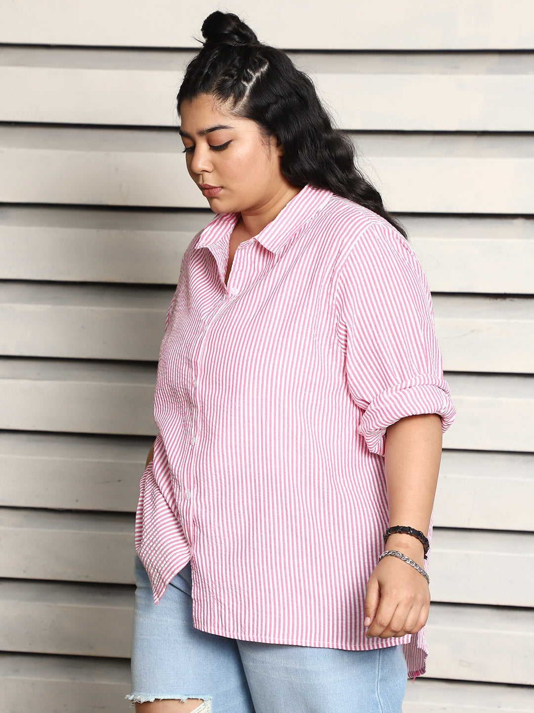 Plus Size Women oversized Textured Striped Casual Shirt