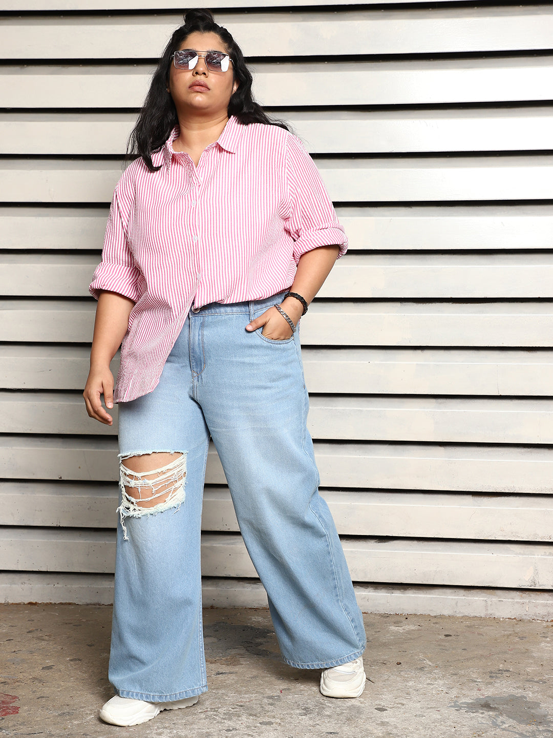 Plus Size Women oversized Textured Striped Casual Shirt