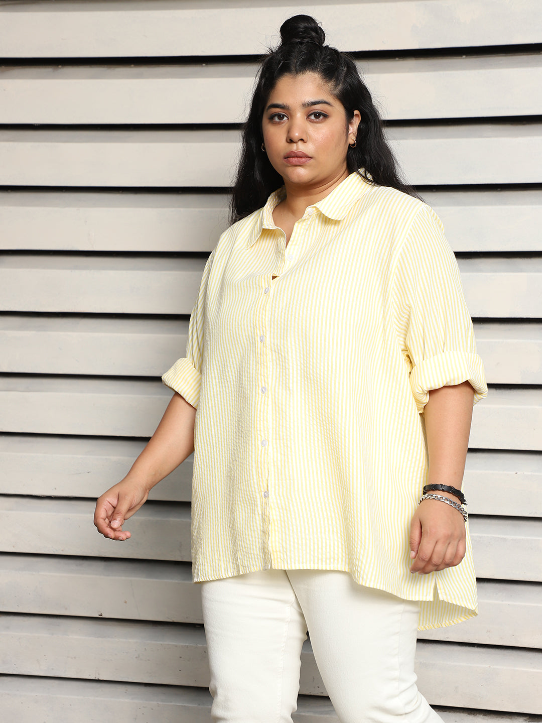 Plus Size Women oversized Textured Striped Casual Shirt