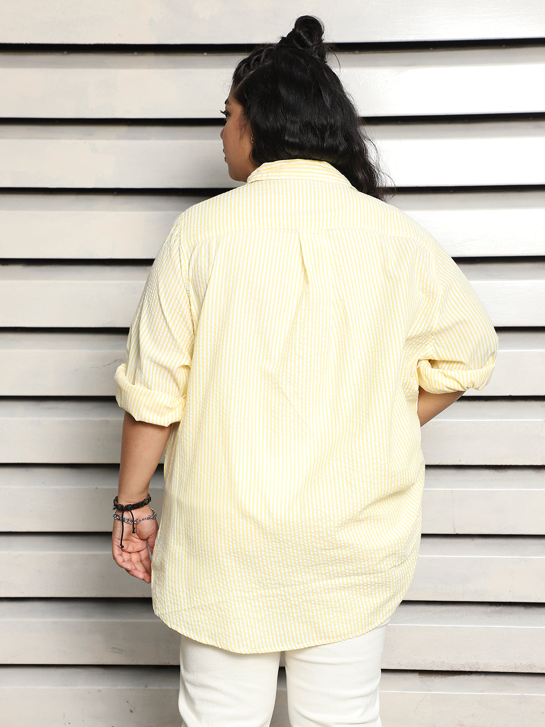 Plus Size Women oversized Textured Striped Casual Shirt