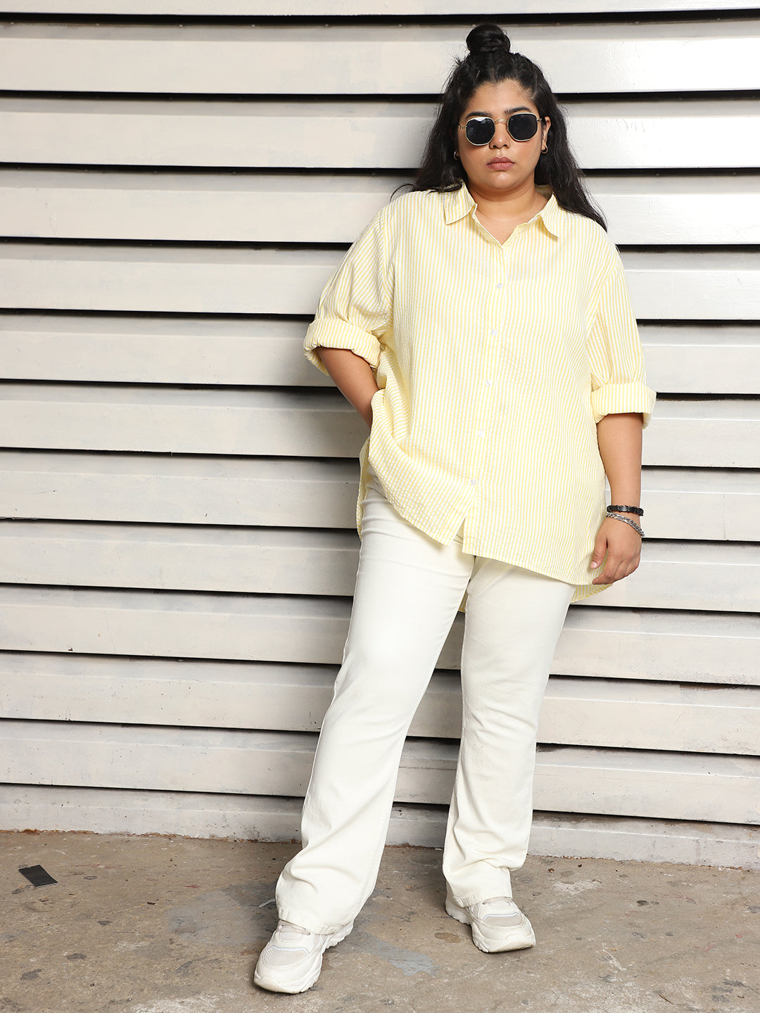 Plus Size Women oversized Textured Striped Casual Shirt