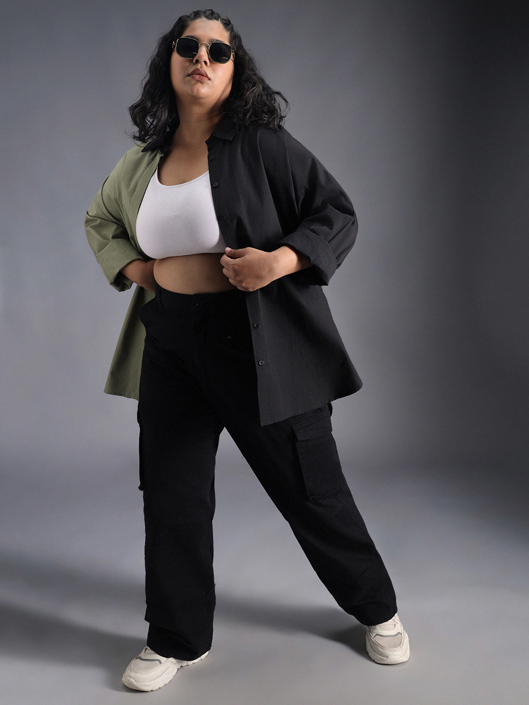 Plus Size Classic Colourblocked Spread Collar Cotton Oversized Casual Shirt