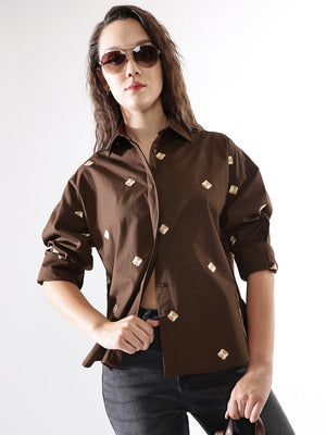 High Star Women Embroidered Oversized Spread Collar Long Sleeves Cotton Shirts
