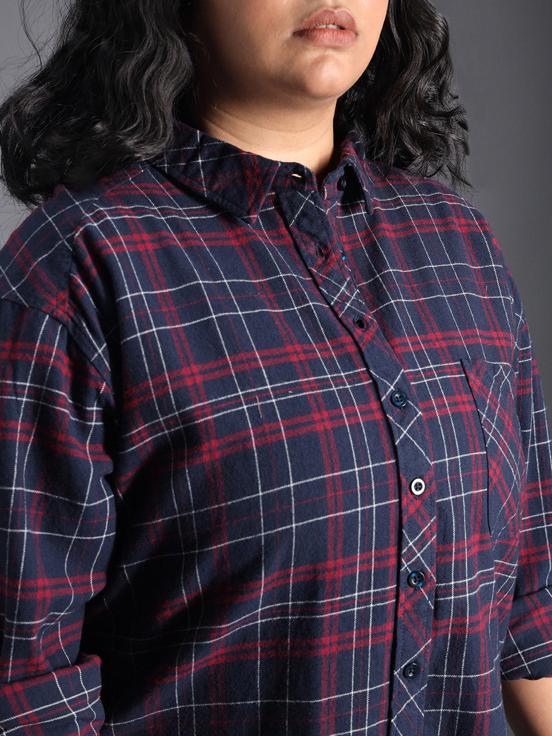 Plus Size Classic Checked Spread Collar Curved Cotton Oversized Casual Shirt