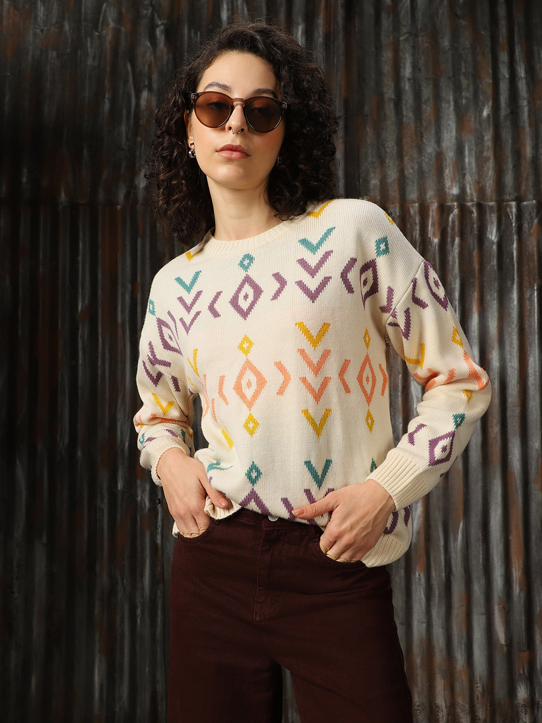 High Star Women Abstract Pattern Round Neck Boxy Fit Pullover - Main Image