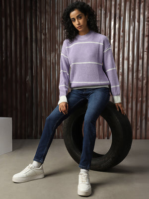 High Star Striped Round Neck Long Sleeves Acrylic Pullover Sweaters
