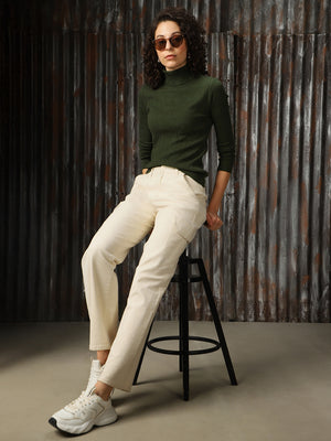 High Star Women Turtle Neck Solid Ribbed Pullover