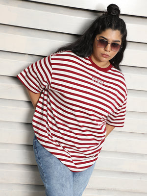 Plus Size Striped Drop-Shoulder Sleeves Oversized Cotton T-shirt