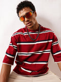 High Star Men Striped Round Neck Pure Cotton Oversized T-shirt