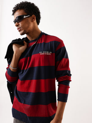 Hubberholme Men Striped Round Neck Pure Cotton Oversized T-shirt