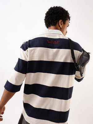 Hubberholme Men Striped Polo Collar Pure Cotton Oversized T-shirt