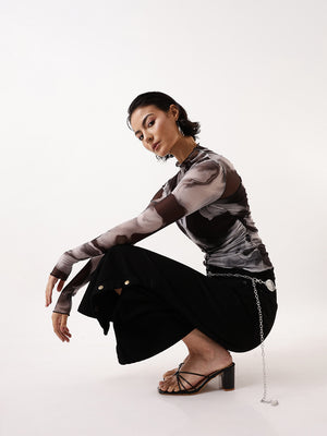 Hubberholme Women Abstract Printed Net Fitted Top