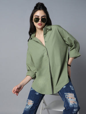 Relaxed Oversized Spread Collar Long Sleeve Cotton Longline Casual Shirt