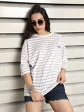Striped Round Neck Drop-Shoulder Sleeves Cotton Oversized T-shirt
