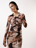 Hubberholme Women Abstract Printed Net Ruched Top