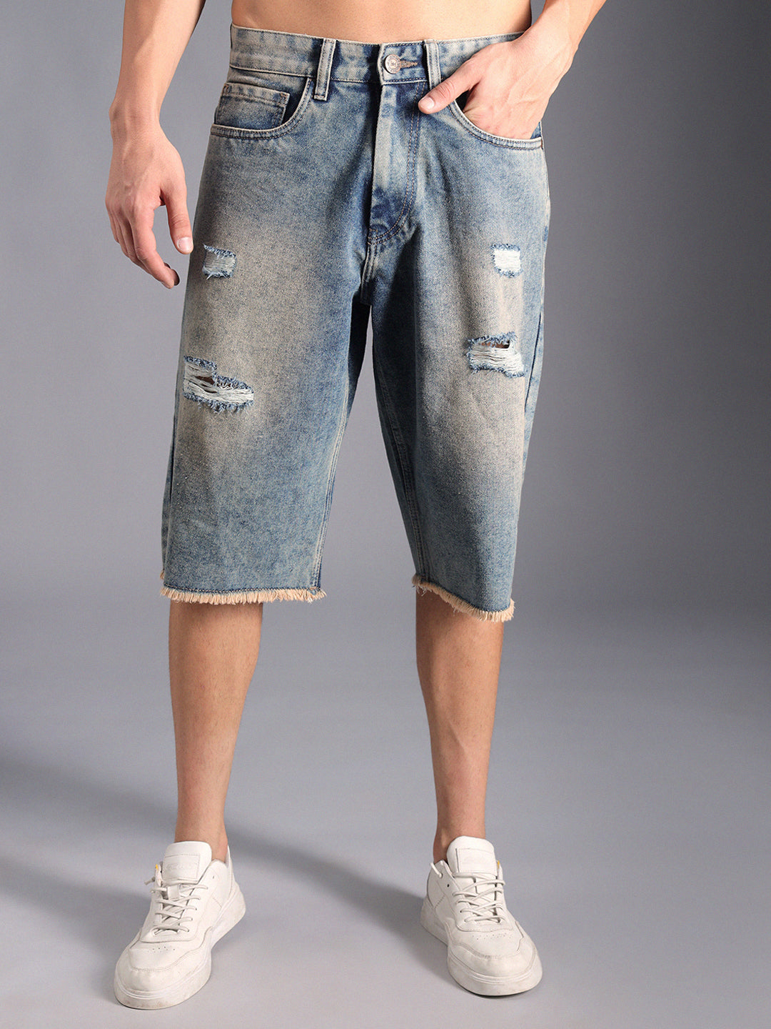 Men Washed Mid-Rise Distressed Cotton Denim Shorts