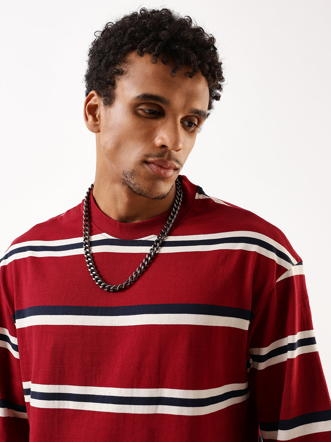 High Star Men Striped Round Neck Pure Cotton Oversized T-shirt